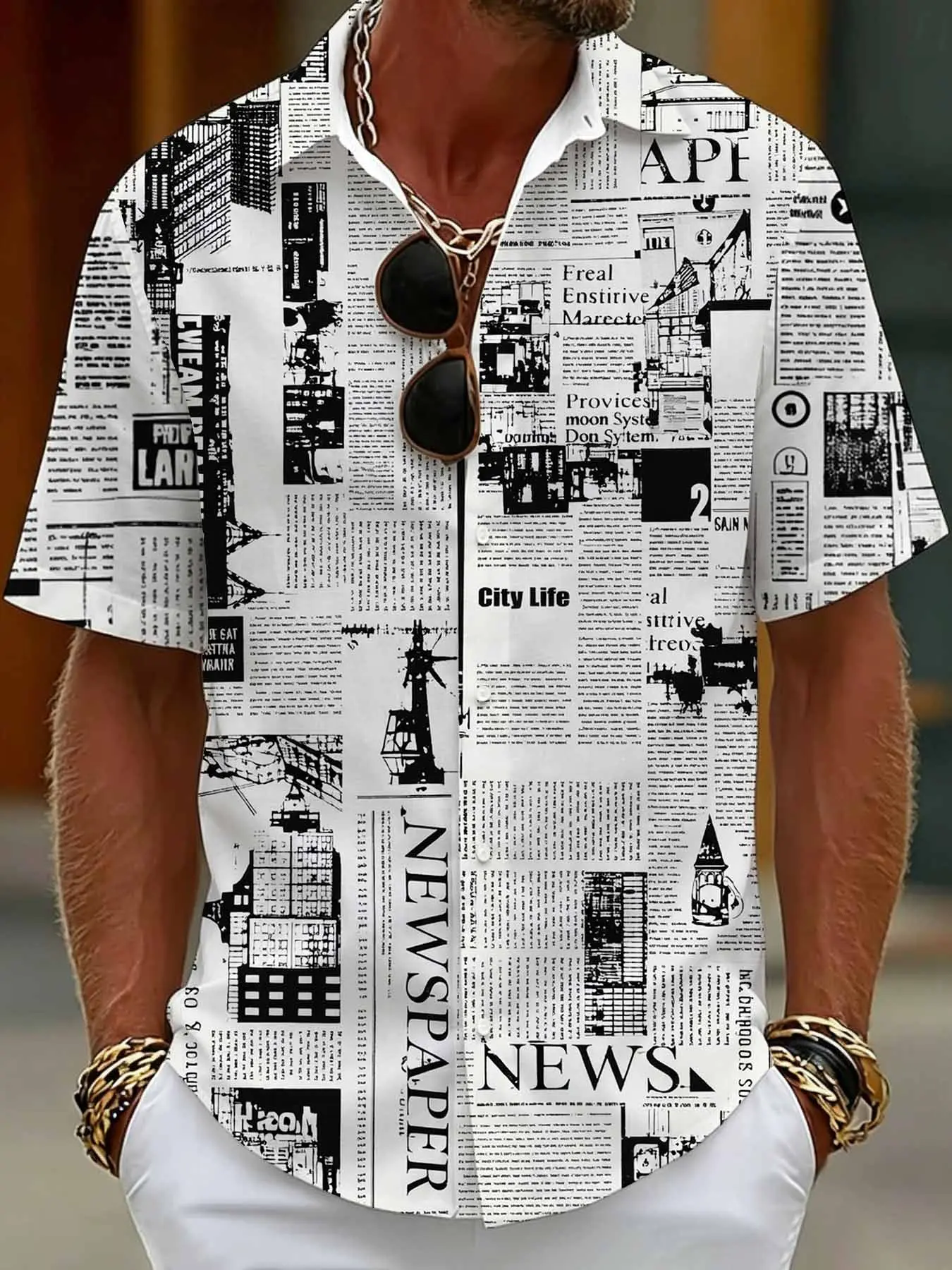 Retro Newspaper Building Letter Print Men's Collared Short-Sleeved Casual Shirt