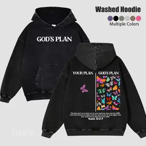 Women's Oversized Retro Washed Hoodie Unisex, Faith Butterfly & GOD'S PLAN Design, Comfortable Casual with Kangaroo Pocket & Ribbed Cuffs, Ideal for Fall Winter Daily Streetwear and Gifting