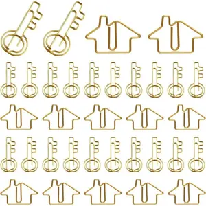 50 Packs House Shaped Paper Clips + 50Packs Key Shaped Wire Paper Pins with 2 Clear Storage Box for Agent Office Home Classroom Desk Accessories Gift ( Golden)
