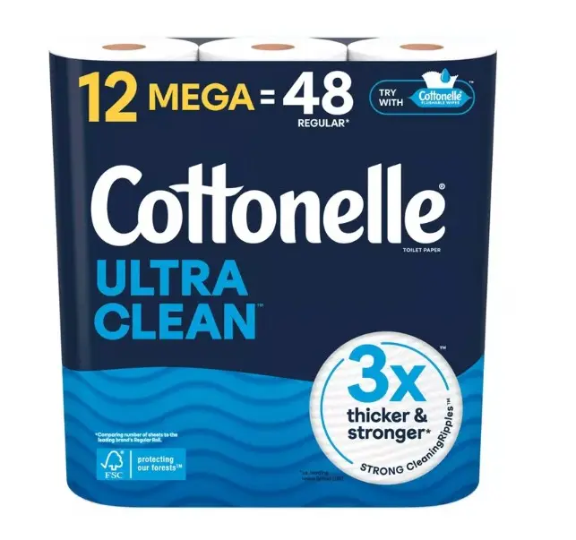 Cottonelle Ultra Clean Toilet Paper - 12 Mega Packs, 284 Sheets Per Roll, Durable, Soft, Strong, Unscented, Non-Toxic, Long-Lasting, Cardboard-Packaged, Easy-to-Store Bulk Home Care For Everyday Use