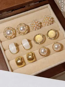 6 pairs Vintage Luxury Earrings Set, High Quality Fashionable Earrings, Imitation Pearl Studs, Simple Oil Drop Geometric Dangle Earrings, Perfect for Parties & Daily Wear