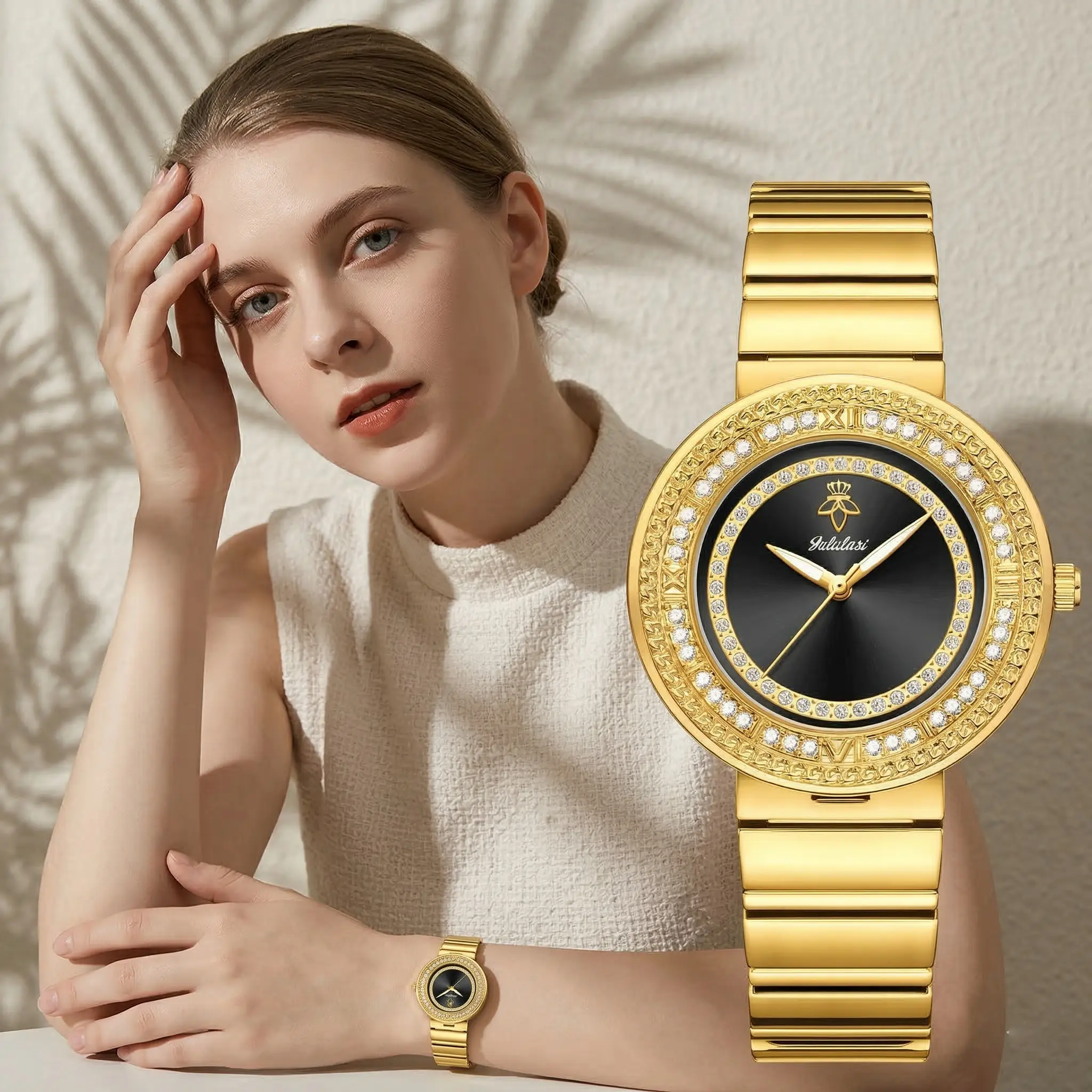 [Mother's Day Gift] Women's Luxury Gold Analog Quartz Watch, Bling Rhinestone-Bezel, Stainless Steel Strap, Waterproof, Fashion Women's Watch Accessories for Ladies (Casual & Dress Use), Accessories For Women