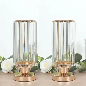 2 Pack Crystal Pendant Hurricane Candle Holders in Gold