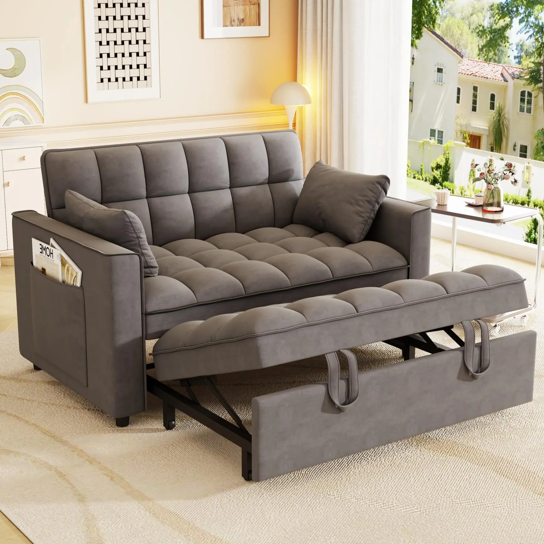 Eyisean 53-in Sturdy Velvet 3-in-1 Convertible Upholstered Sleeper Sofa Bed, 2-Seat Loveseat with 3 Adjustable Reclining Angles, Pull-Out Bed, Pillows, Plastic Side Pockets, Easy Assembly for Living Room, Apartment
