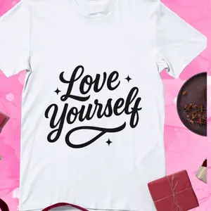 Love Yourself White T-Shirt with Black Text and Sparkling Design