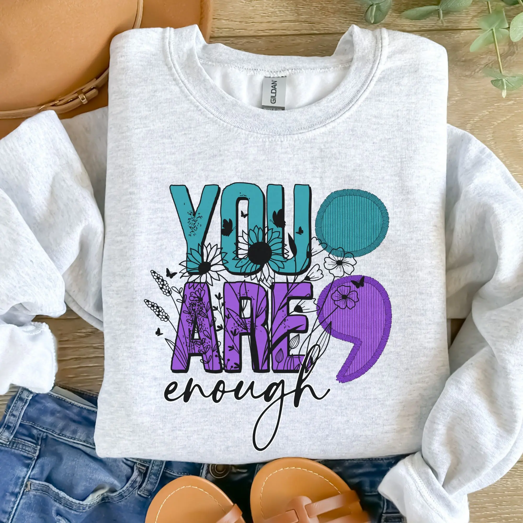 You Are Enough Sublimation Sweatshirt, Ash Grey, Jersey Fabric, Comfy Vintage Casual Top