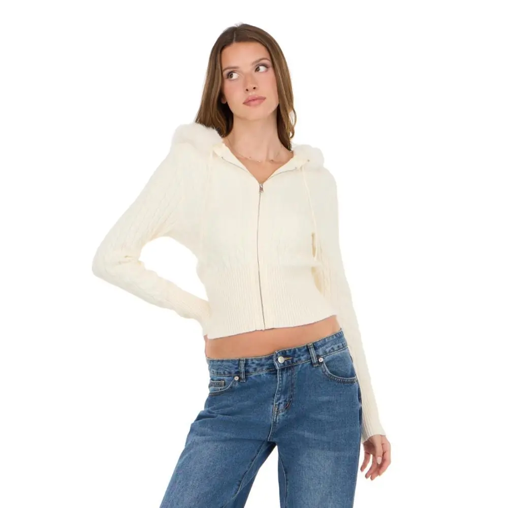Forever 21 skinny cable knit zip up sweater with hood and drawstring. thick rib band at waist and sleeve cuffs., Hoodie, Long Sleeve, Casual, Tops