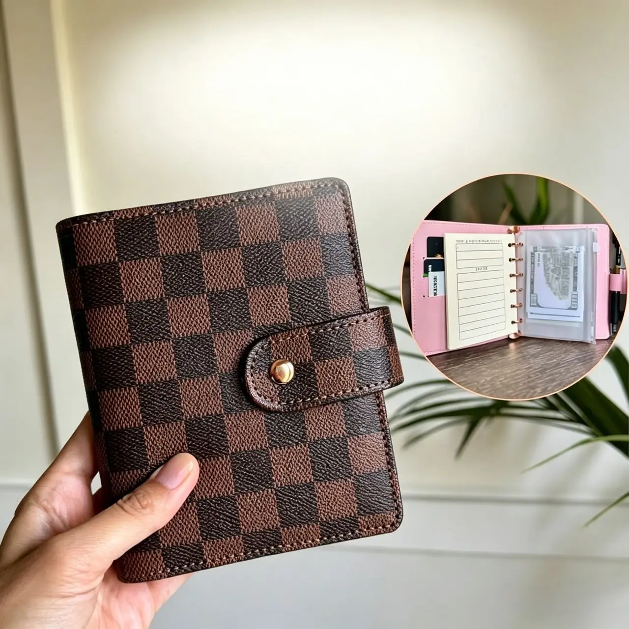 【Mini Binder Planner】A7 Budget Mini Binder Wallet Planner Notebook, Faux Leather Grid Diary, 45 Lined Pages, 6 Zipper Pockets, Multifunctional Spiral-Bound Academic Student Planner for Work, School and Logs, Office Planner