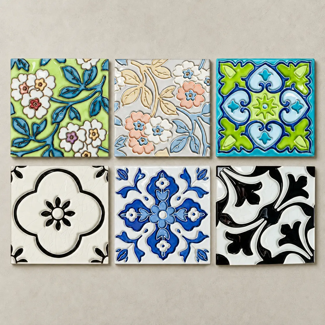 Hand Painted Embossed Floral Ceramic Tiles, Vintage Moroccan Relief Decor Tiles, Perfect for Kitchen Backsplash Bathroom Wall Accent Decor