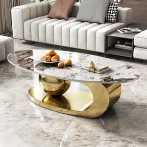 [Bellemave]49.2 Inches Oval Faux Marble Coffee Table for Living Room with Stainless Steel Base