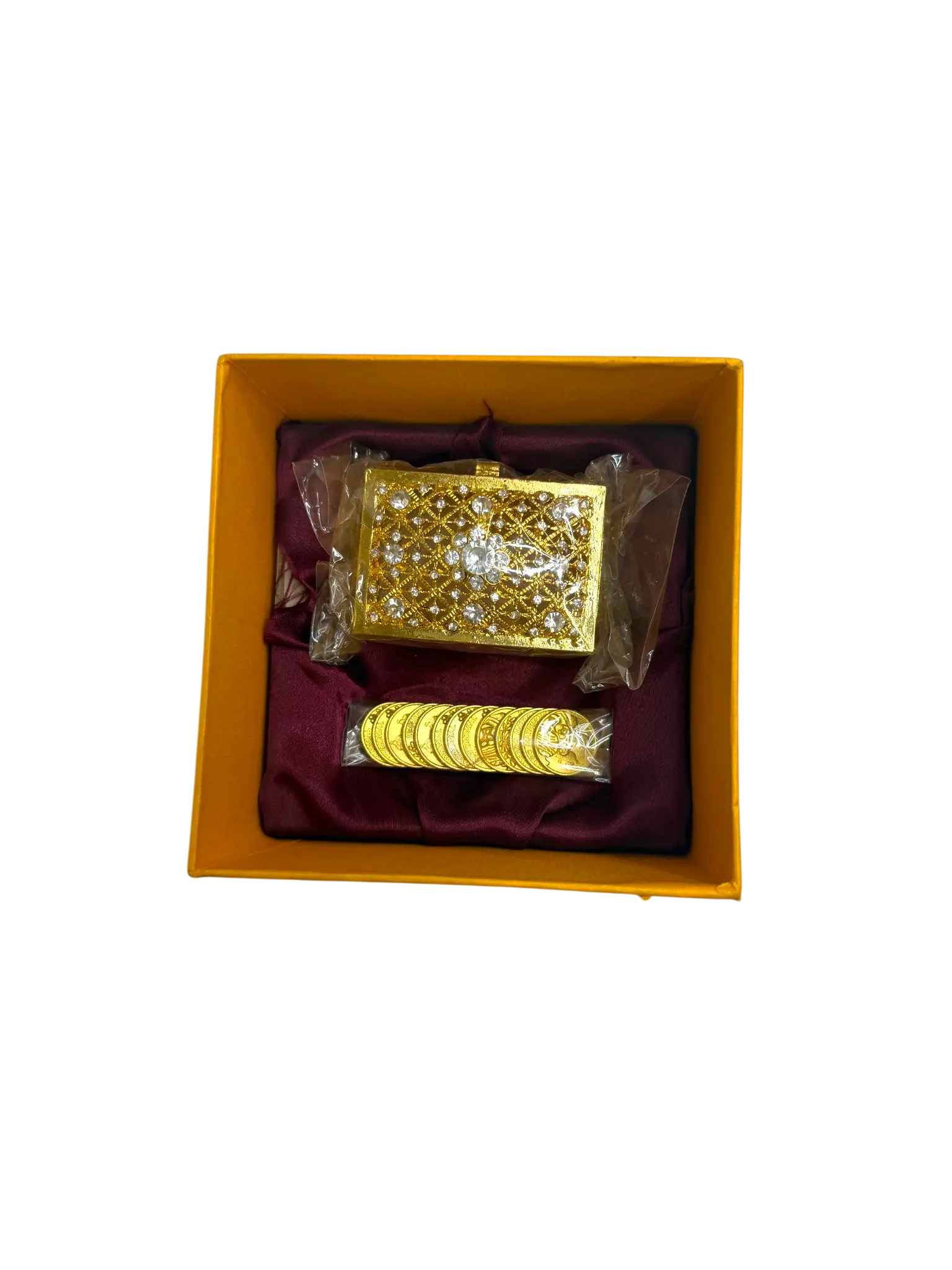 Arras de Boda Doradas con Cofre de Cristales y 13 Monedas