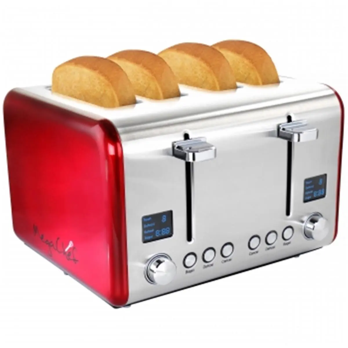 212 MAIN MegaChef MG-TS2700 4-Slice Touch Screen Toaster - Stainless Steel & Red, Extra-Wide Slots, LED Screen, Dual Controls, Waffle-Compatible, Toast/Heat/Freeze Countertop Kitchen Appliance, Countertop Toasters