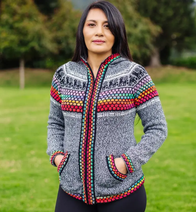 Grey Alpaca Sweater knitted with a Rainbow Design Pattern - Boho Hippie Alpaca Cardigan - Vintage Alpaca Wool Sweater