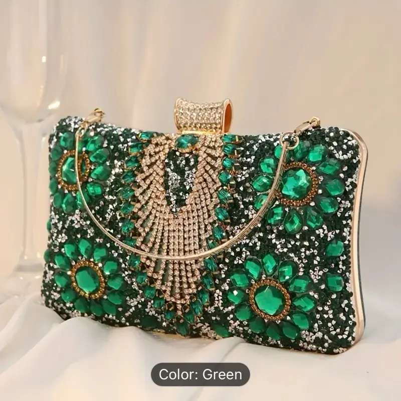Golden Elegant Acrylic Clutch Bag with Rhinestones, Detachable Shoulder Strap, Green Design, Perfect for Evening Parties and Weddings