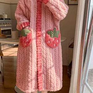 Women's Cozy Coral Fleece Robe with Strawberry Pockets - Casual V-Neck, Long Sleeve, Thick Plush Loungewear for Autumn/Winter, Machine Washable women soft comfortable short sleeve