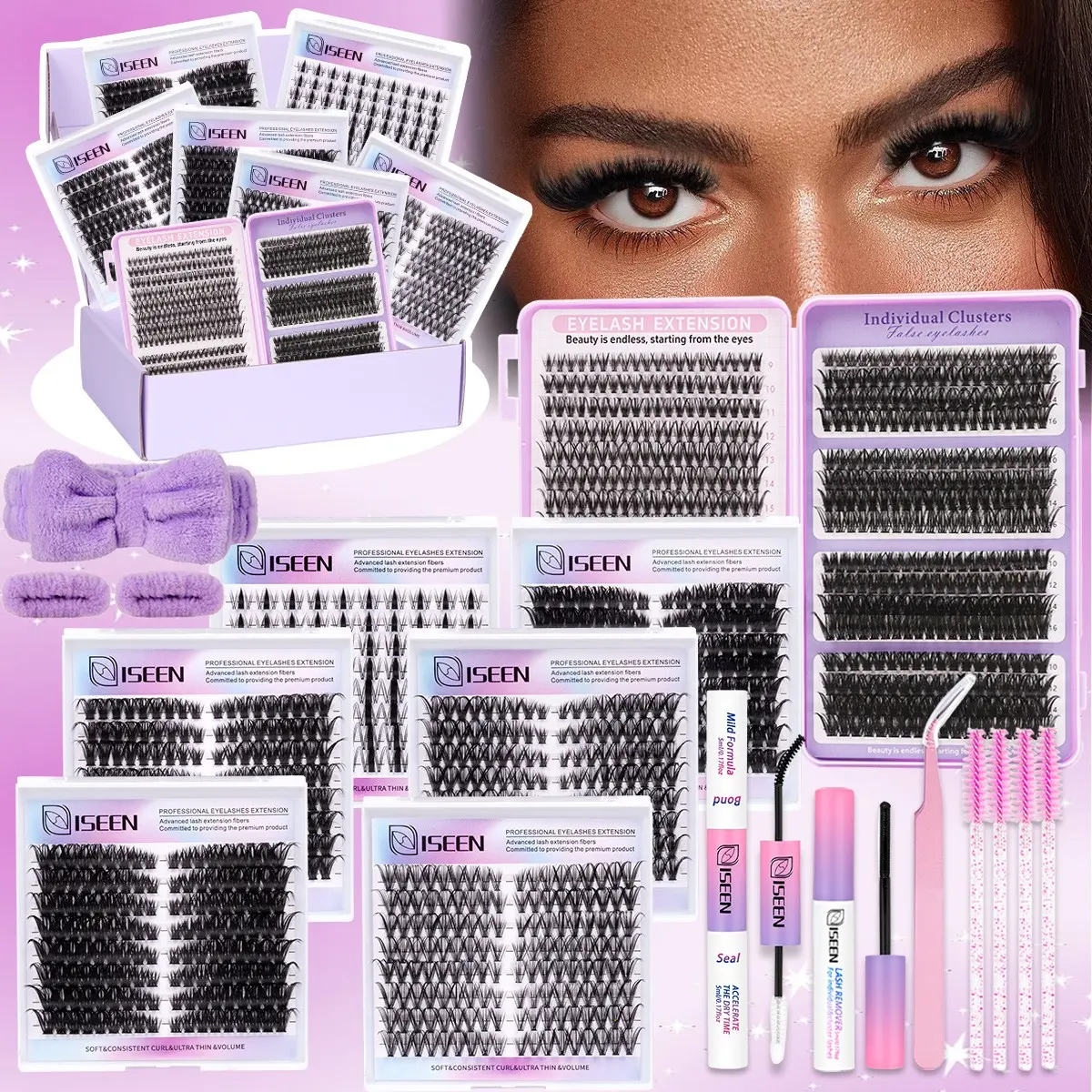 Mixed Lash Cluster Set Dense Long Curled Eyelashes DIY Extension for Beginners, Multiple Lengths, Includes Glue, Tweezers, Brush, Headband, Eyelash Clusters, False Eyelashes Set, Volume False Eyelashes, Eyelash Extensions Kit