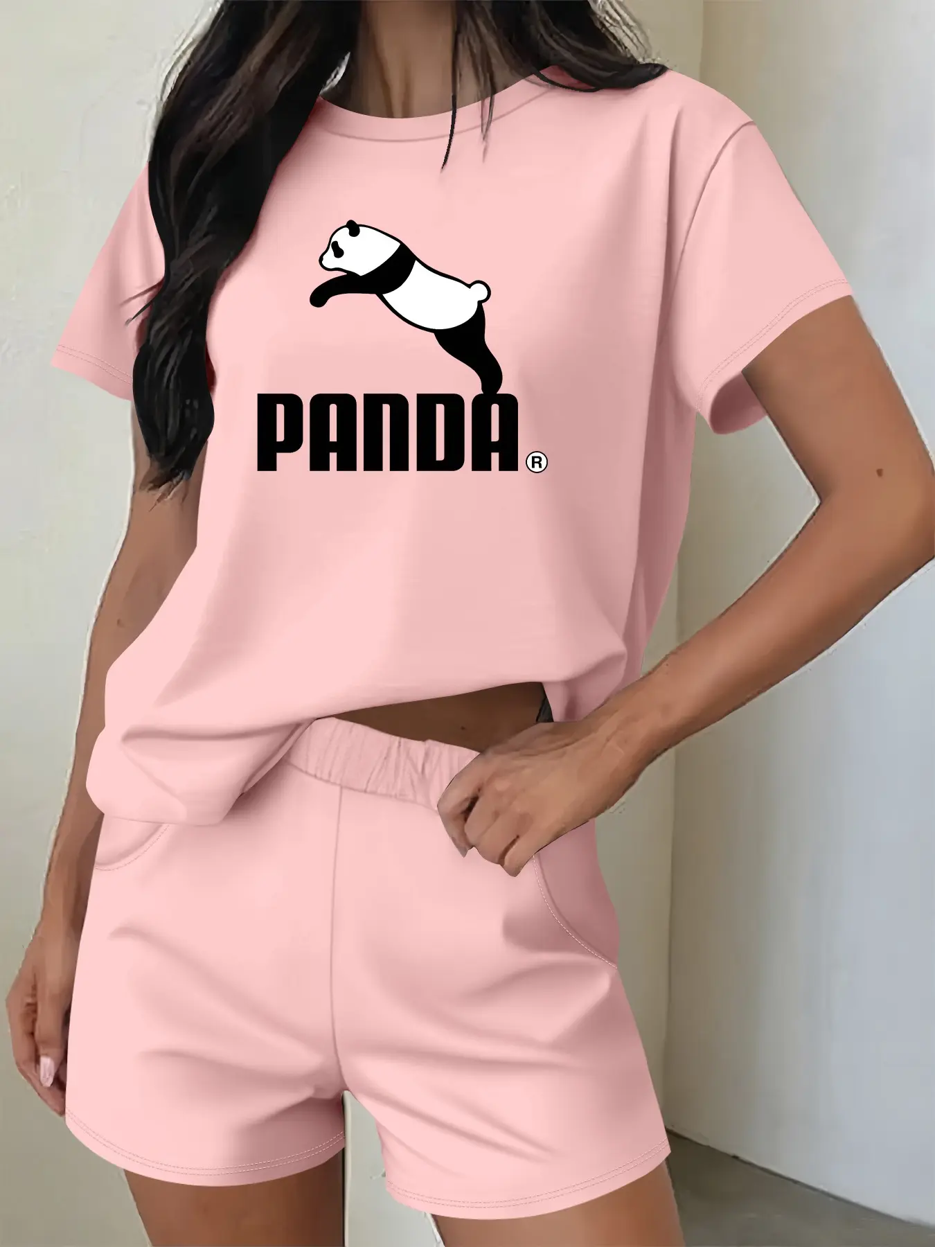 Women's Solid Co-ord Set, Casual Short Sleeve Panda Tee & Elastic Waist Shorts Set, Women's Summer Clothes for Daily Wear, Cute Summer Outfit