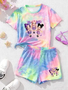 Girls' Trendy Idol Theme Set, Rainbow Tie Dye Q Version Idol Girl Print, Summer Fashion Two-Piece Set, Loose-Fitting Boho Style