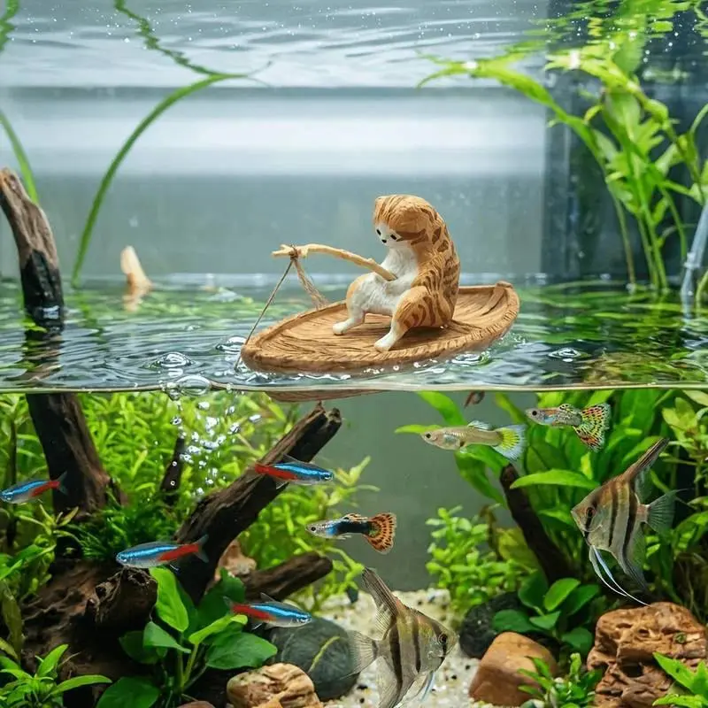 Creative Cat Fishing Boat Aquarium Ornament High Quality Resin Durable Fish Tank Decor Marine Theme Aquarium Supplies Fish Tank Decorations