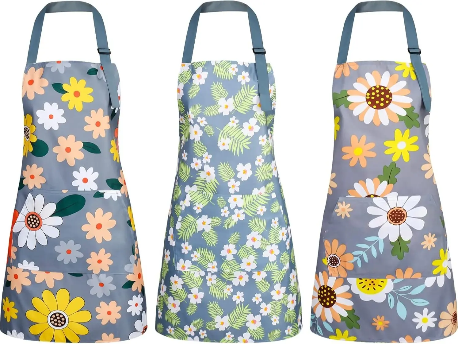 3 Pack Floral Aprons with Pocket, Blooming Womens Aprons Waterproof Adjustable Cooking Apron for Kitchen Gardening