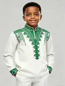 Boys' Traditional African Stand Collar Two Piece Set, Embroidered Ethnic Style All Seasons Wear, Kids Clothing, Nigerian Boys' Clothing, Embroidery Ensemble