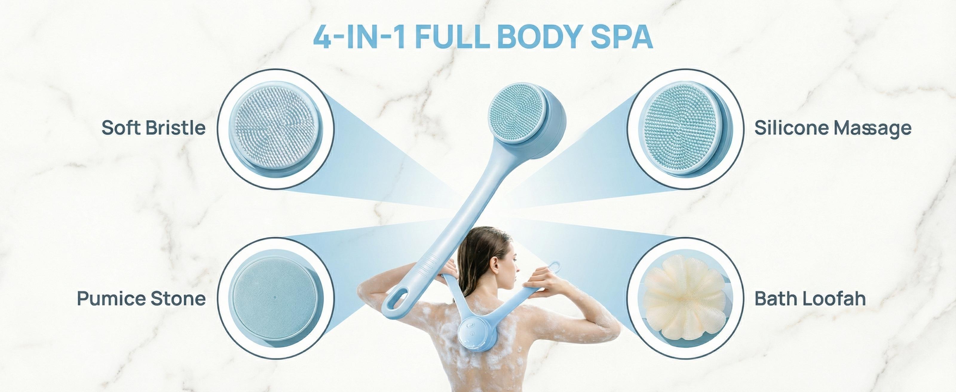 Rechargeable Electric Body Scrubber, Waterproof 360° Rotating Shower Brush with Dual Grip Handles, Full Body Bath Brush with 4 Detachable Heads for Deep Cleansing