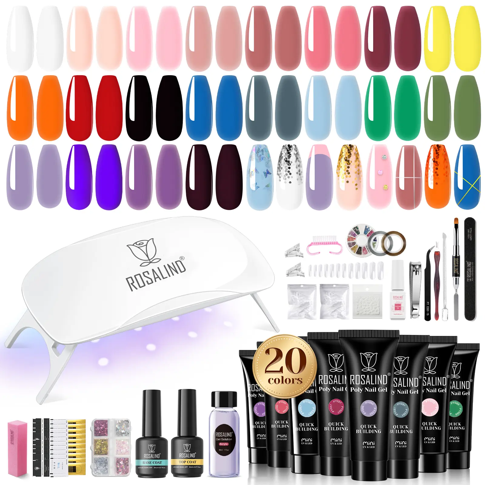 ROSALIND Poly Nail Gel Kit Clear Pink Glitter 8/14/20/28Colors + Various Nail Art Accessories kit with Mini UV Nail Lamp Nude Pink Nail Strengthener 3D Molding Gel Extenaion Nail Gel Kit  for French Nail Art DIY Manicure