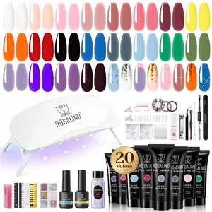 ROSALIND Poly Nail Gel Kit Clear Pink Glitter 8/14/20/28Colors + Various Nail Art Accessories kit with Mini UV Nail Lamp Nude Pink Nail Strengthener 3D Molding Gel Extenaion Nail Gel Kit  for French Nail Art DIY Manicure