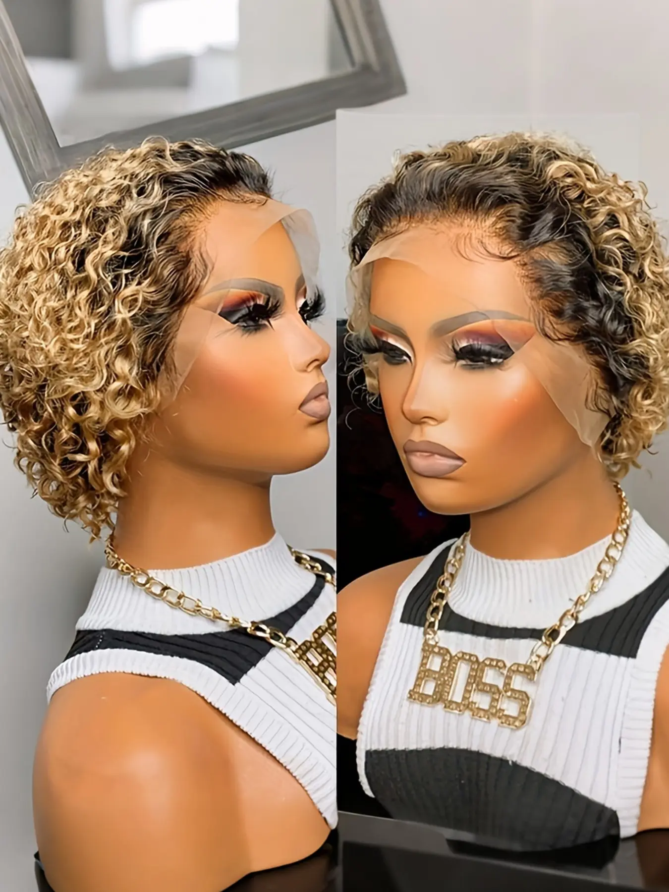 1B/27 Color Women's Short Curly Wave Human Hair Wig , 13x1 Frontal Lace Wig Human Hair, Lace Curly Wigs, Daily Casual Party Halloween Christmas Wig, 150% Density, Kinky Curly Wig