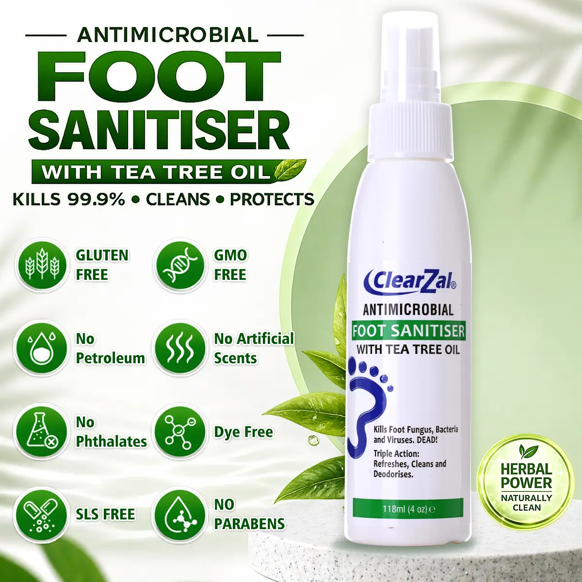 ClearZal Foot Deodorizing Spray with Tea Tree Oil & Aloe Vera, Foot Freshener for Shoes, Socks and Feet, Helps Control Foot Odor, Refreshing Daily Foot Care Spray,Foot Sanitizer Spray  4 oz