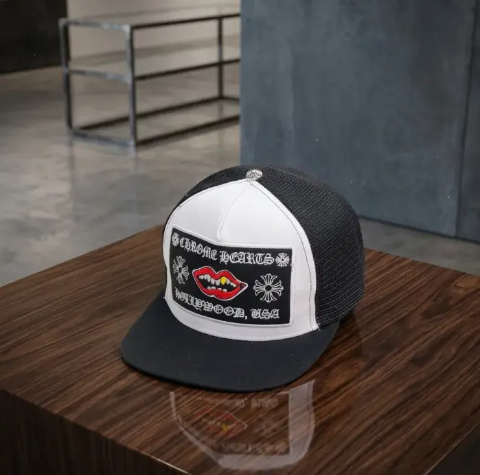 Chrome Hearts Matty Boy Lips Mesh Trucker Hat Black & White Adjustable Snapback Cap