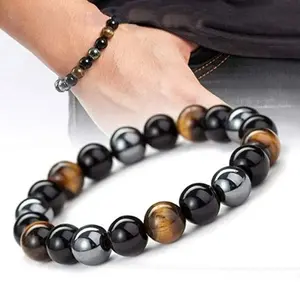 Tiger Eye x Hematite x Black Obsidian Stretch Bracelet - 10mm Natural Gemstone Beads Healing Bracelet - 3 x Energy Protection