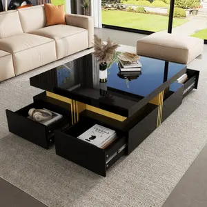 Modern Square Coffee Table Luxury Glossy Cocktail Center Table with 4 Storage Drawers Wooden Coffee Table for Living Room (43.3" x 43.3" x16.5"H), Black + Gold