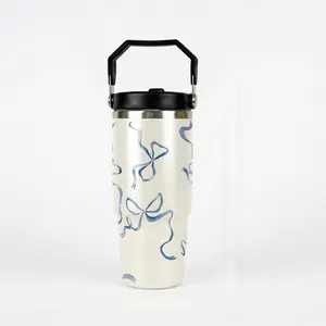 Cute Blue Ribbon Bow Tumbler with Handle Portable Travel Coffee Cup Unique Mothers Day Presents for Her Women Girls Bestie