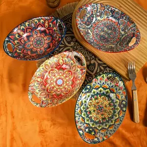 Bohemian Style Ceramic Salad Bowls with Handles, Microwave Safe & Dishwasher Friendly, Stackable Oval Tableware Bowls for Fruits & More, Ceramic Pasta Bowls