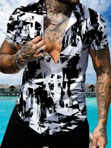 Black & White Abstract Printed Short Sleeve Shirt, Men's Casual Fashion Cardigan Top, Summer Trendy Slim Design, Casual Street Fashion