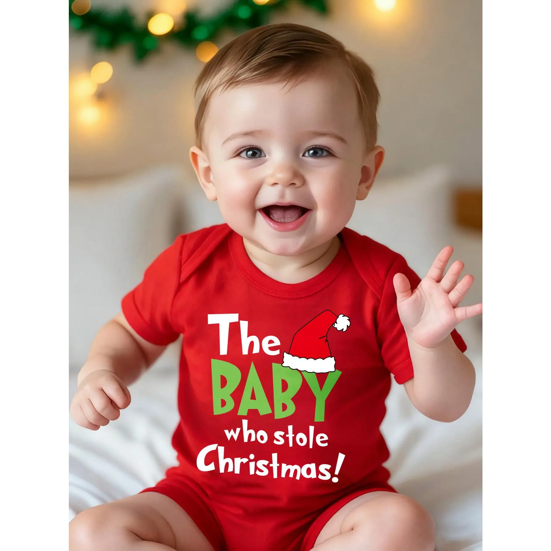 Christmas Cute Baby Bodysuit with The Baby Who Stole Christmas Santa Hat Print Soft Versatile Round Neck Button Detail Regular Fit All Seasons Knitted Fabric Onesie For 0-12 Months