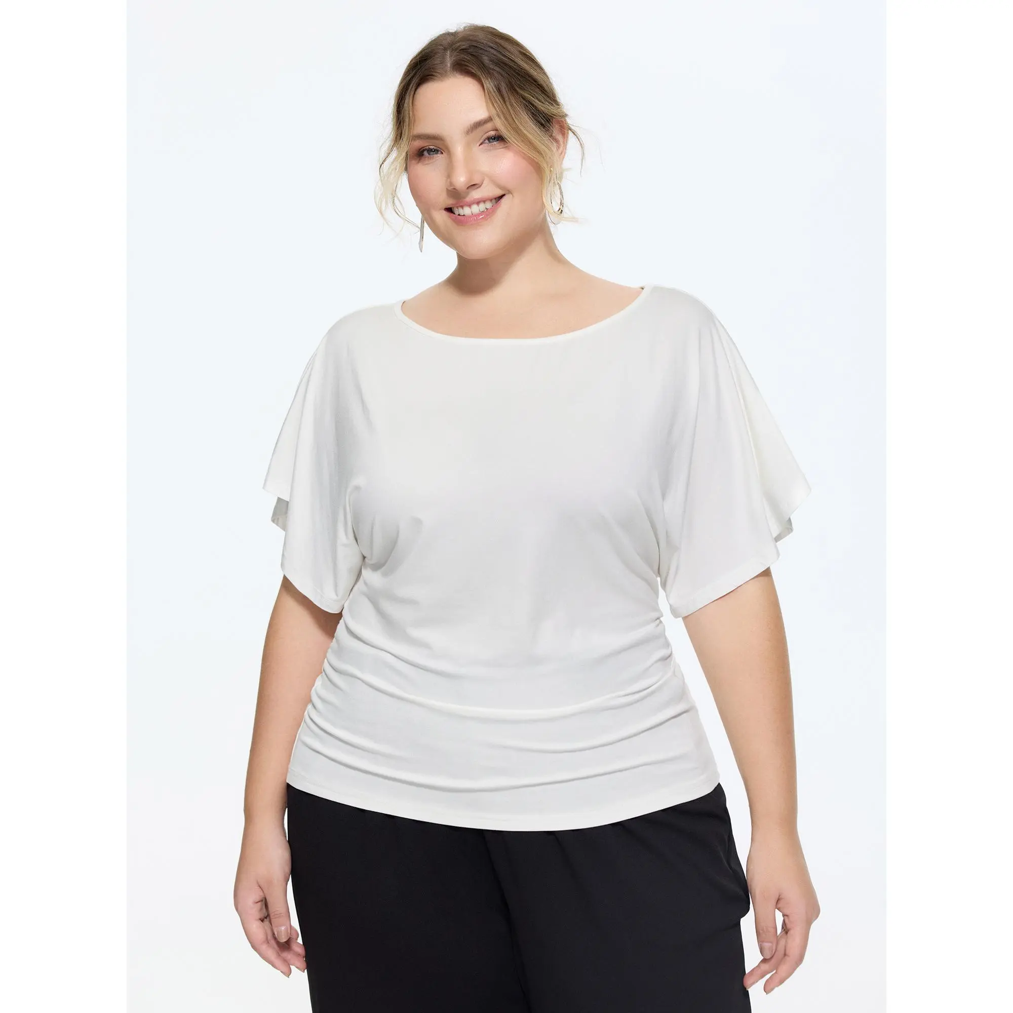 BloomChic Women's Plus Size Classic Plain Ruched T-Shirt - Low Iron, Casual Solid Rayon Spandex, Dolman Short Sleeves, Round Neck, Adjustable Lace-Detailed Waist Tie, Machine Washable, Do Not Tumble Dry,Back To School,Fall Pick, Spotlight Day