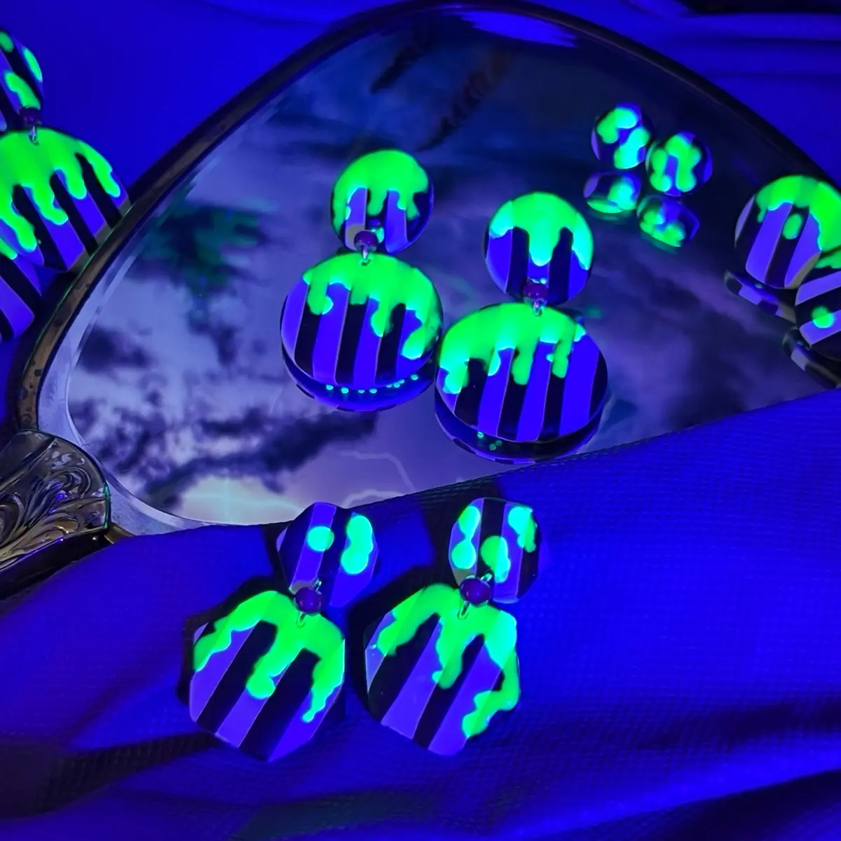 Beetlejuice Themed Earrings , Glow In UV Light , Handmade Coral Snake