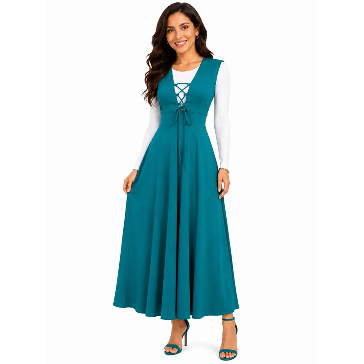 Hermoso Overol Disco Completo - Elegant Teal Maxi Dress with Lace-Up Detail and Long Sleeves for Special Occasions