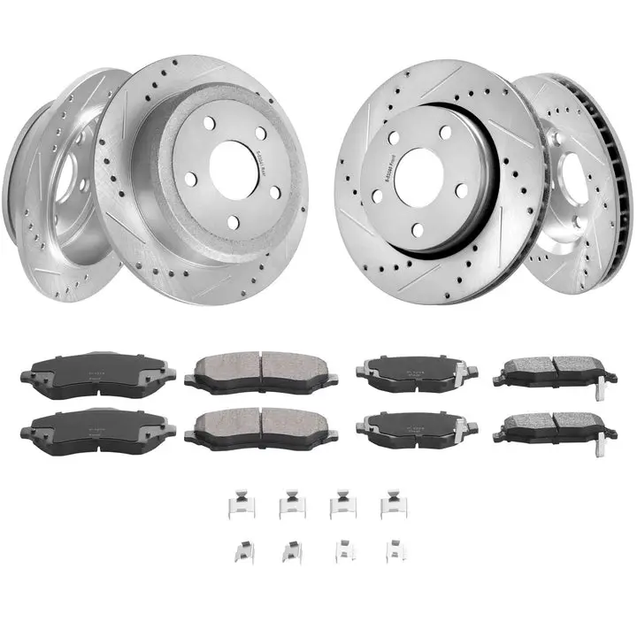 Front & Rear Brake Kit for 2007-2017 Jeep Wrangler | Drilled & Slotted Brake Rotors with Ceramic Brake Pads | Complete Brake Pads & Rotors Replacement Set