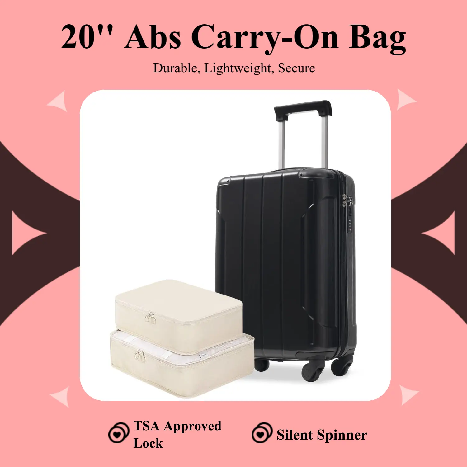Carry On Luggage, 20-Inch Black ABS Hardshell Suitcase with 4 Spinner Wheels, TSA Lock, 3-Level Adjustable Handle, Includes 2 Packing Cubes, Acrylonitrile Butadiene Styrene (Abs), Buckle, 4 Wheels, 13.6 X 8.3 X 21.5 Inches, Anti-Theft, Expandable