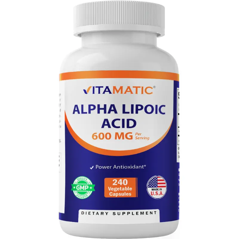 Vitamatic Alpha Lipoic Acid (ALA) Collagen-Infused Selfcare Skin Care Dietary Supplement - 600mg Per Serving, 240 Vegetable Capsules, 120 Servings, Non-GMO, Gluten-Free, GMP Assured, Third-Party Tested, No Artificial Flavor, Supports Energy Production