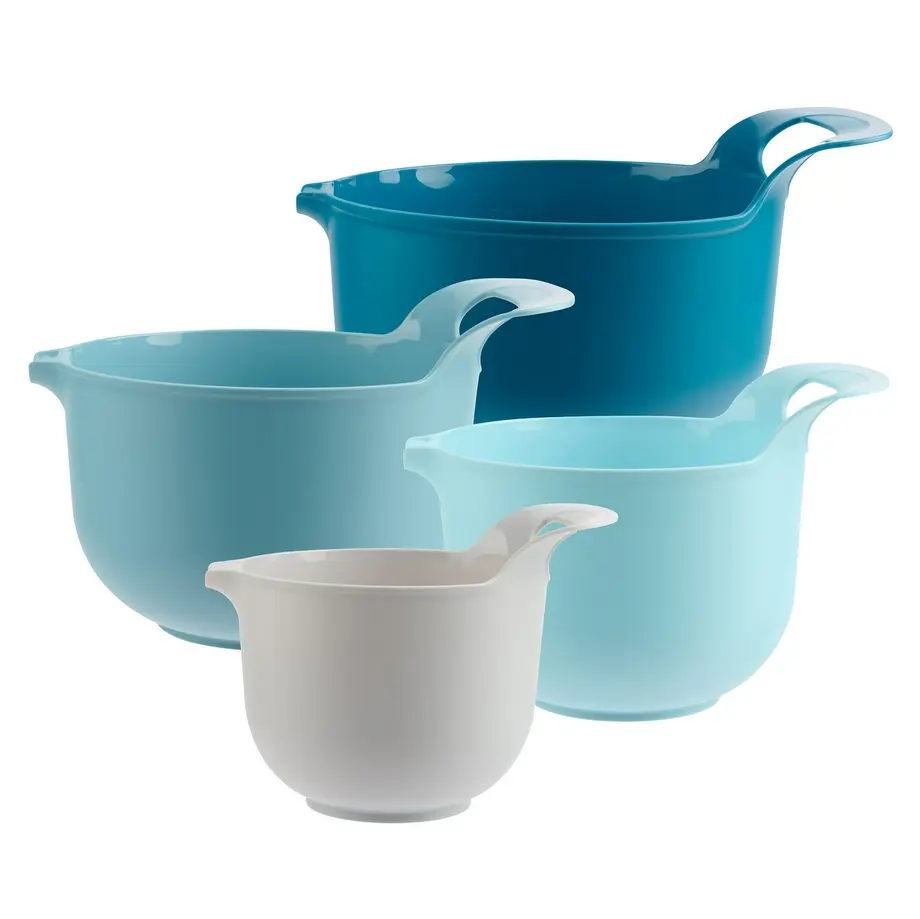 4 Piece Nesting Plastic Mixing Bowl Set with Pour Spouts and Handles, Blue 4 Piece Nesting Plastic Mixing Bowl Set with Pour Spouts and Handles, Blue