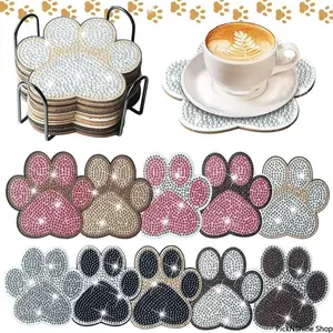 10 Irregular Dog Claw-Designed Artificial Diamond Painting Wooden Coasters with Stand, DIY Crystal Diamond Art Tableware, Adult-Focused Funky Home Decor Handmade Practical Daily Supply Gift
