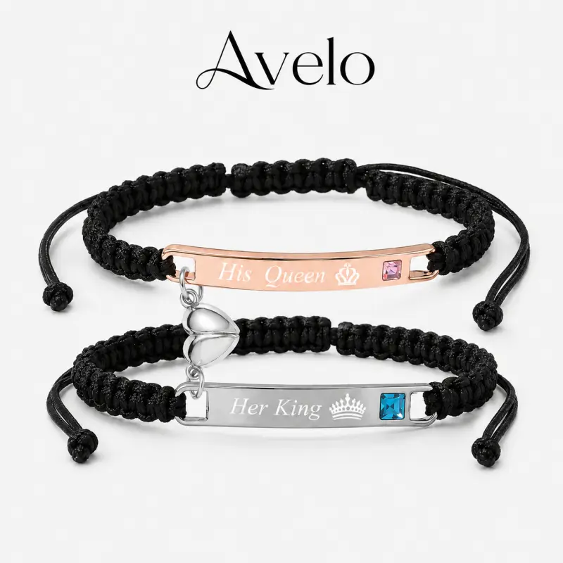 Engraved Couples Bracelet Set, Stainless Steel with Magnetic Heart Pendant, Adjustable Woven Rope Chain, Romantic Anniversary Gift, Eternal Love