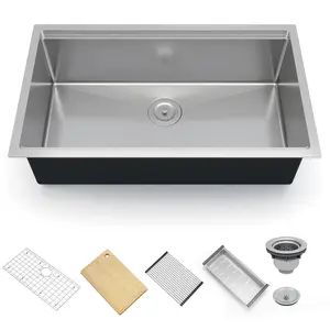 Garvee 33x19 Inch Undermount Single Bowl Kitchen Sink with Drain Ledge, 1.35mm 304 Stainless Steel Handmade Welded, Complete Set with Bamboo Board, Dish Drain Rack, Roll-up Rack, Drainage and Noise Proof Mat