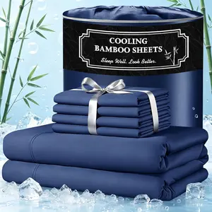 MOXHOMO Extra Deep Pocket Bamboo Sheets - 6 Pcs Breathable & Cooling Bamboo Bed Sheet Set, Hotel Luxury Fitted Sheet Set, Soft Wrinkle-Free For Extra Deep Mattresses, Room Decor, Twin/Full/Queen/King Size Sheet & Pillowcase Sets