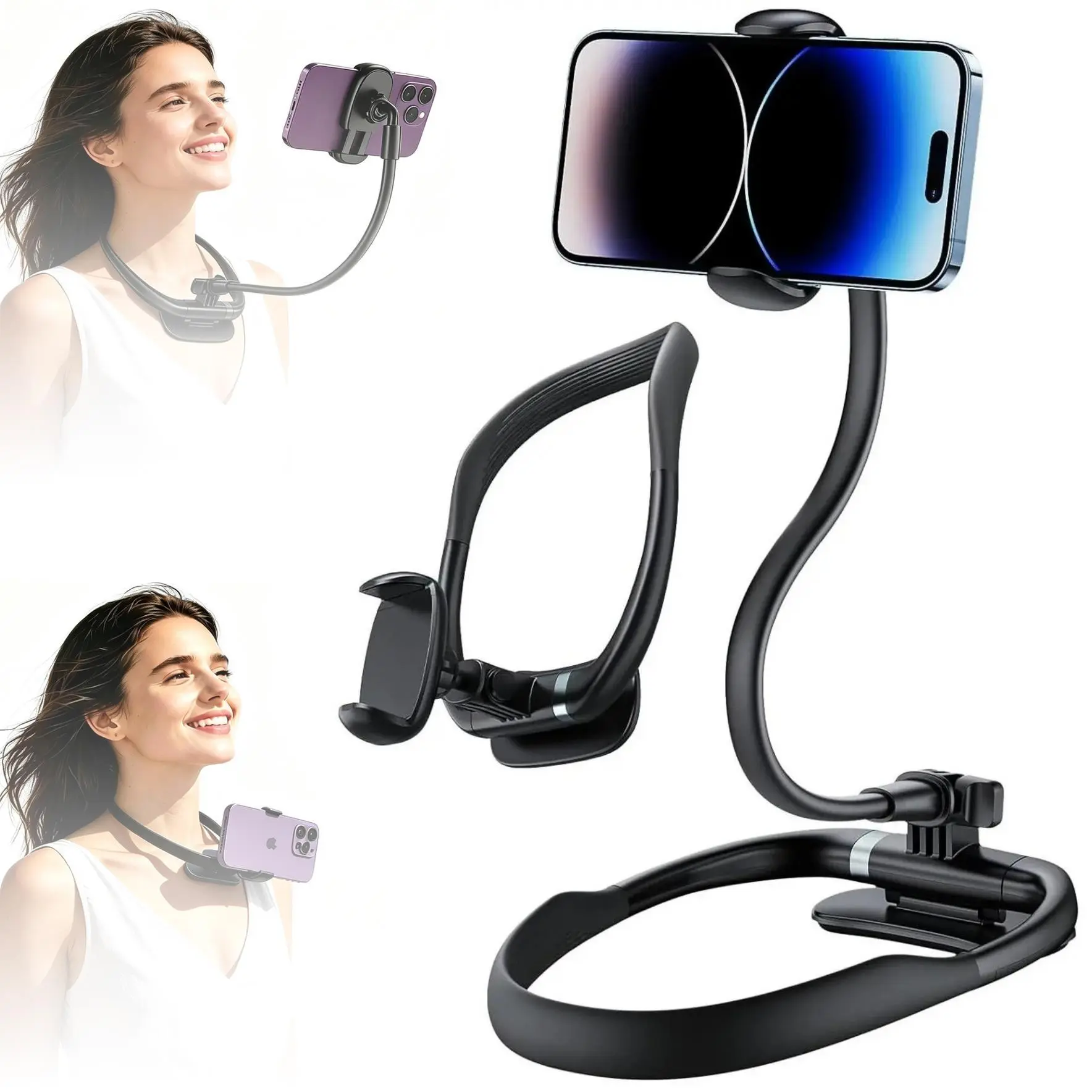 Hands-Free POV Neck Cellphone Holder with Magnetic Splicing Neck Band - 16in Flexible Gooseneck Mount, Silicone Clip Pad Accessory for Vlogging, Live Streaming, 4.7–6.7in Smartphones, Accessories, Foldable, Android