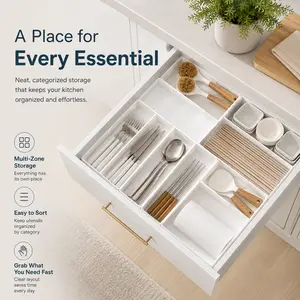 Adjustable Drawer Organizer Expandable Cutlery Tray with 3 Divisions Custom Compartments Lightweight Kitchen Utensil Storage Silverware Space Saving for Kitchen Office Drawers